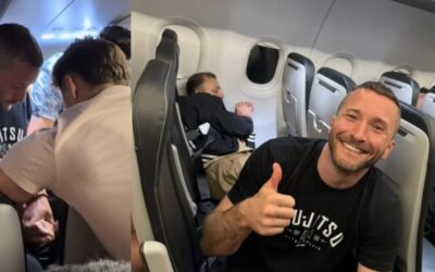 WILD VIDEO: Deranged Passenger Tries to Jump Out of Frontier Plane Mid-Flight, Hero Former Pro MMA Fighter Wearing Jiu-Jitsu Shirt Ties Him Up with Seatbelts and Saves Everyone