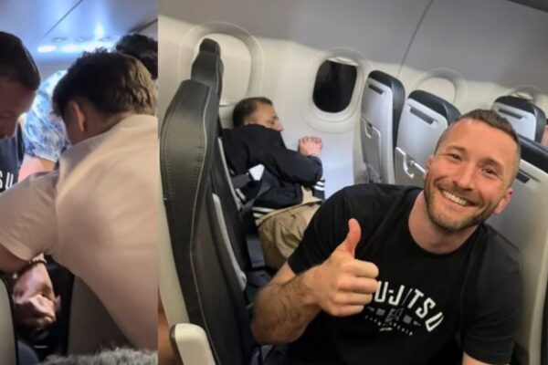 WILD VIDEO: Deranged Passenger Tries to Jump Out of Frontier Plane Mid-Flight, Hero Former Pro MMA Fighter Wearing Jiu-Jitsu Shirt Ties Him Up with Seatbelts and Saves Everyone