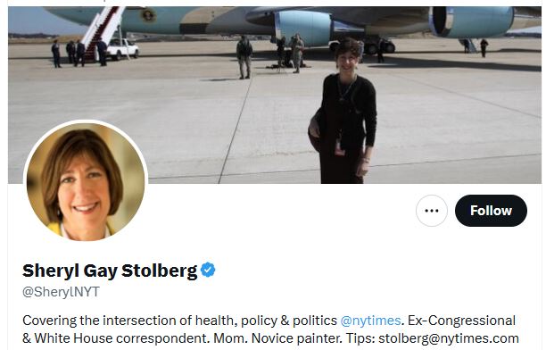 Sheryl Gay Stolberg, a New York Times correspondent, stands near a plane, highlighting her role in health, policy, and politics coverage.