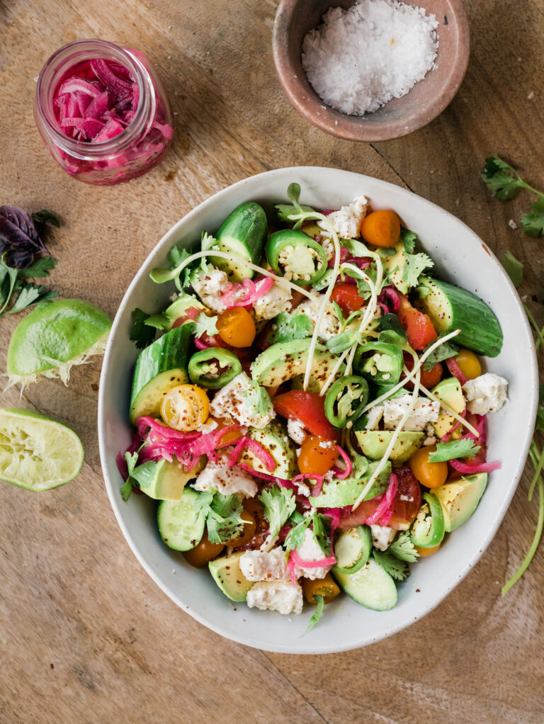 tomato, avocado, cucumber salad