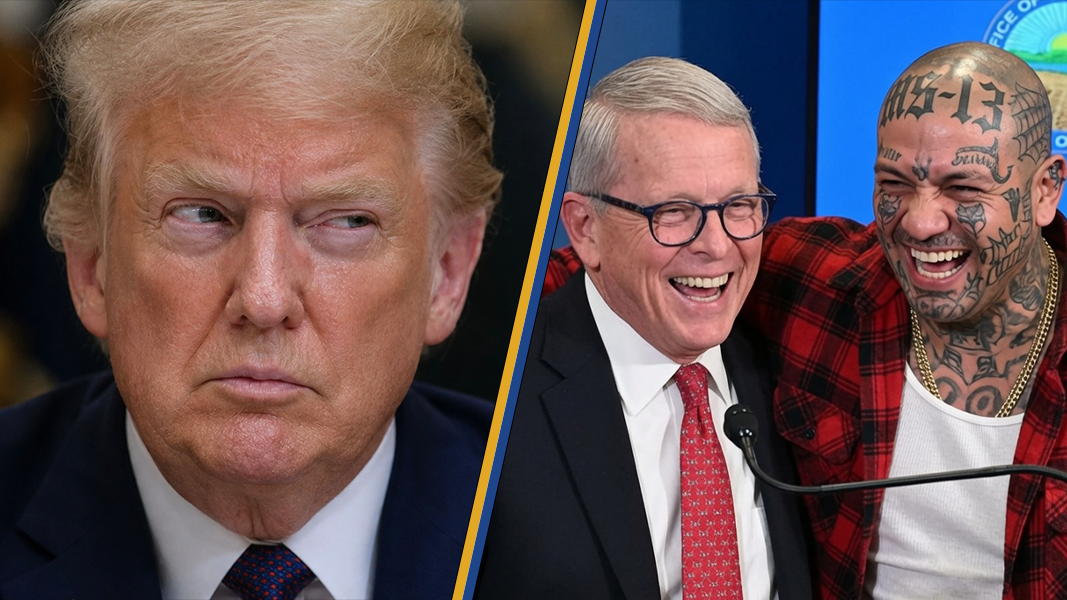 Image depicting a split scene with a serious Donald Trump on the left and two men laughing on the right, highlighting contrasting emotions in a political context.