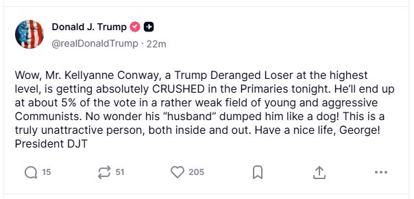 Tweet from Donald Trump criticizing Kellyanne Conway and expressing his views on the political primary results.