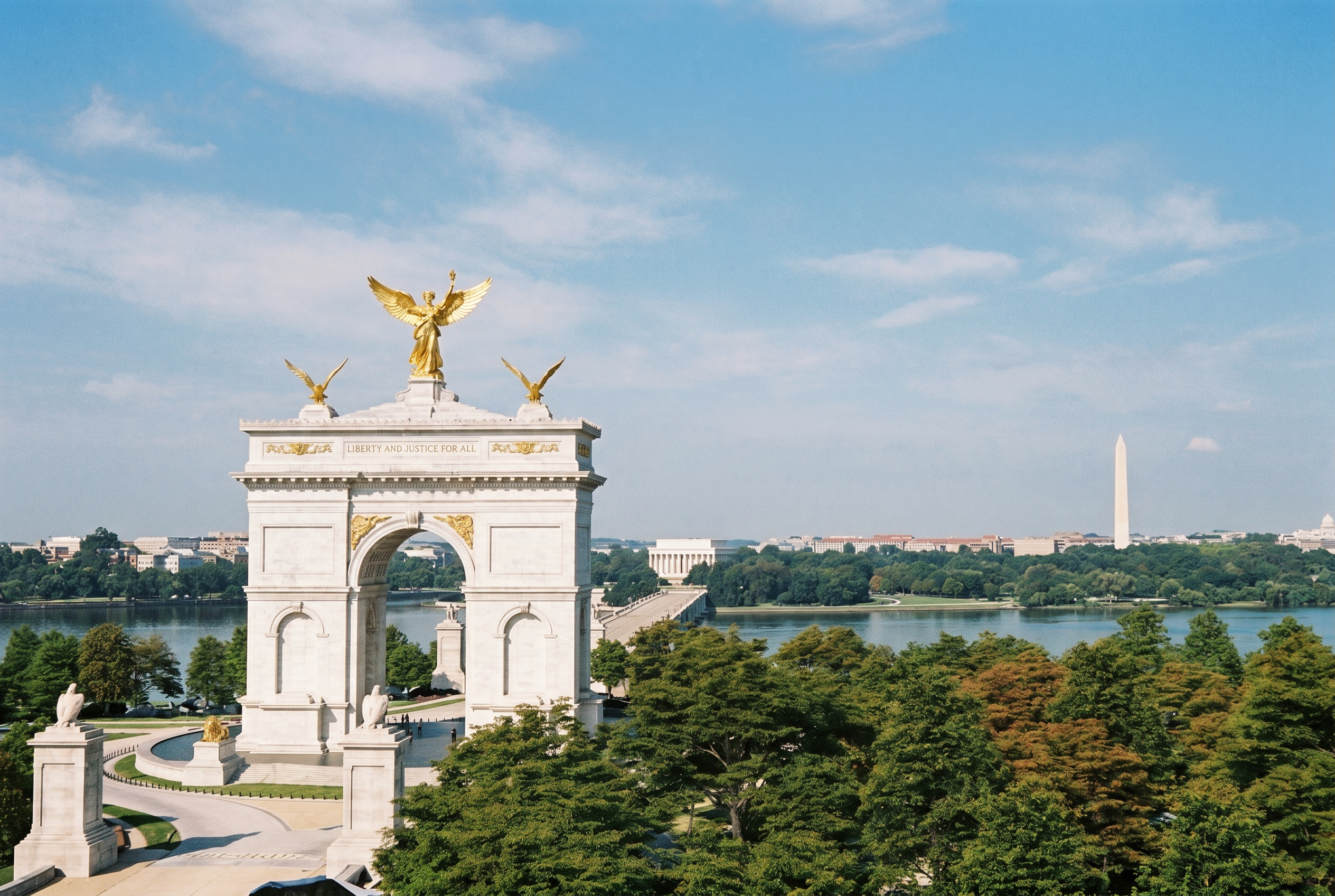 AI-rendered aerial photo of a white triumphal arch with gold statues overlooking the Potomac River, Lincoln Memorial, and Washington Monument in the distance.