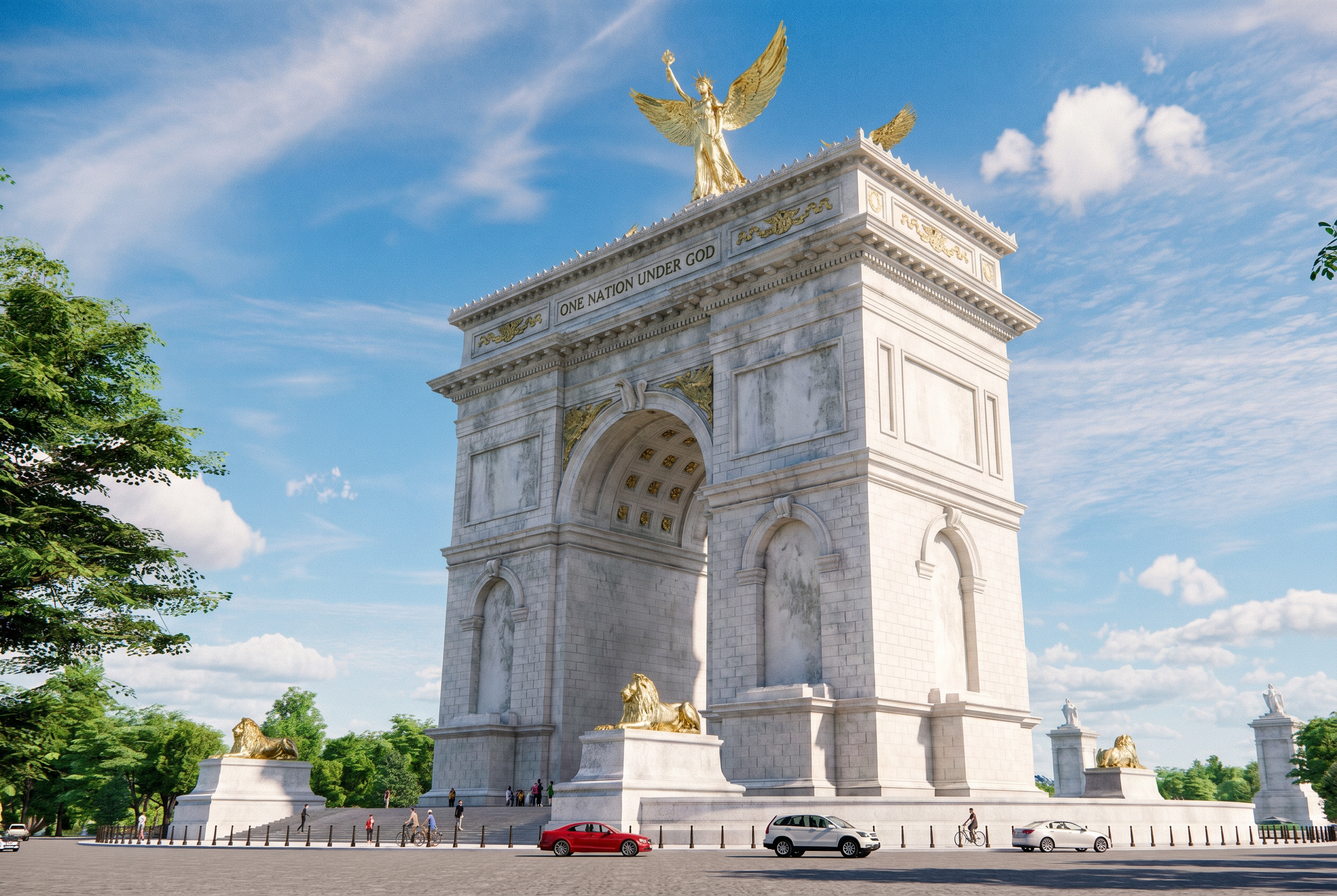 Close-up architectural rendering of a large white triumphal arch with gold eagle statues on top, gold lion sculptures at base, and cars and pedestrians in the foreground.