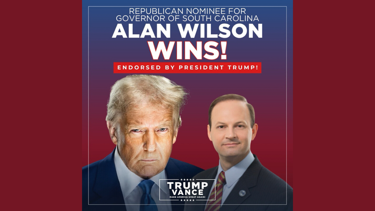 Alan Wilson wins the Republican nomination for Governor of South Carolina, endorsed by former President Trump, highlighted in a promotional graphic.