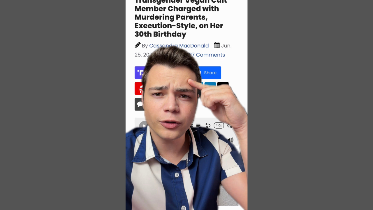 Person with a concerned expression discussing a news story about a transgender vegan cult member charged with murder on their 30th birthday.