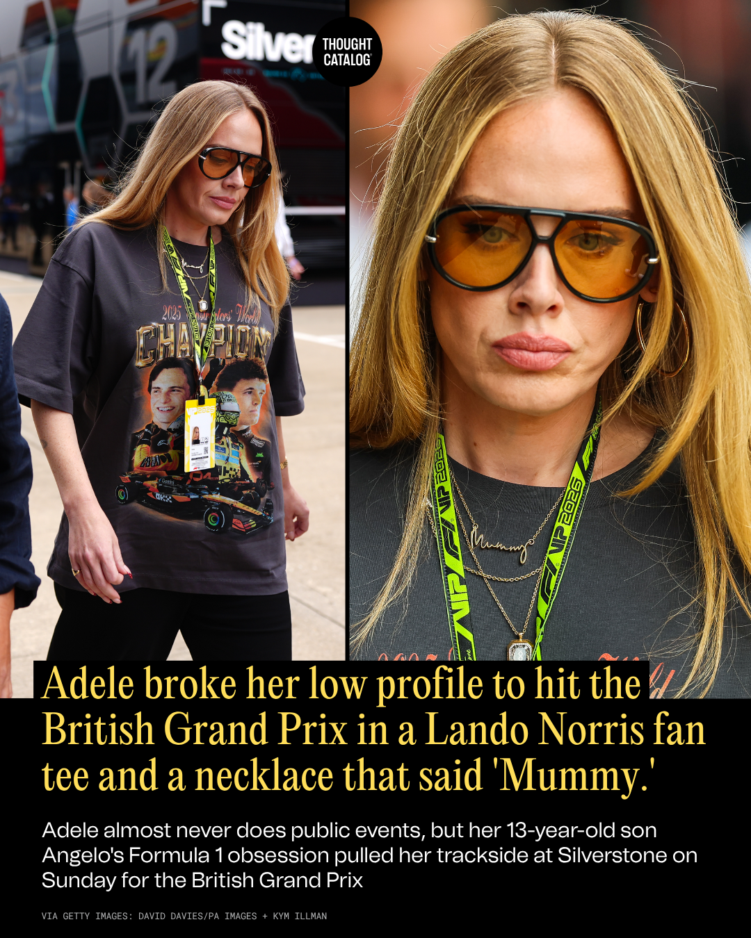 Adele Broke Her Low Profile to Hit the British Grand Prix in a Lando Norris Fan Tee and a Necklace That Said ‘Mummy.’