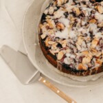 blueberry cornmeal cake with almond crumble and lemon glaze