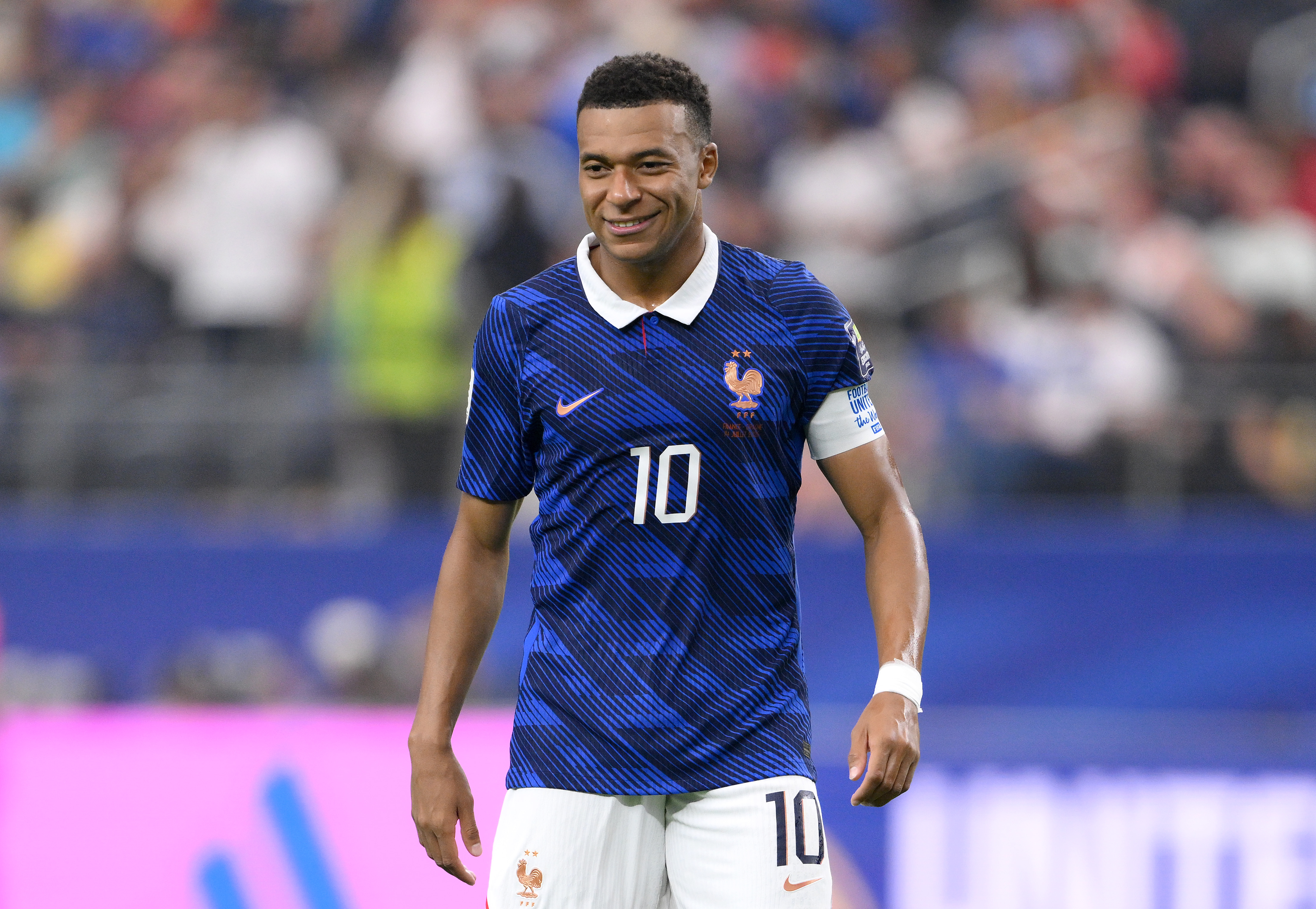 Kylian Mbappé reacting during France vs. Spain at the FIFA World Cup 2026 semi-final in Arlington, Texas