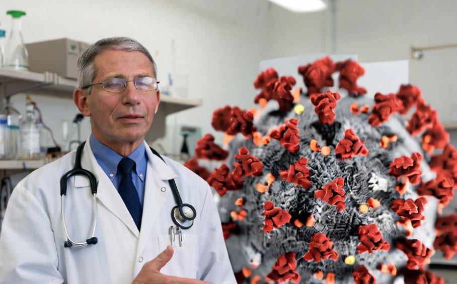 Doctor in a lab coat discussing COVID-19 with a 3D model of the virus in the background, highlighting research and healthcare efforts.