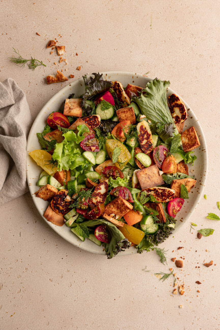 herby heirloom tomato fattoush salad
