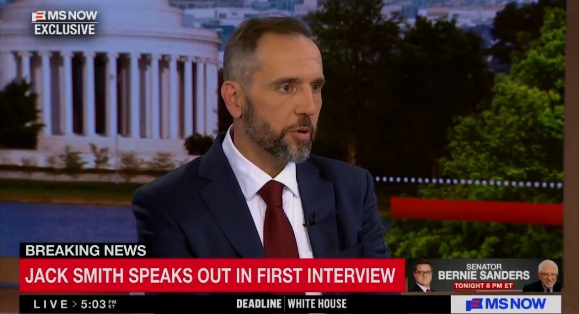 Jack Smith discusses key legal issues in his first interview, set against a backdrop of the Washington, D.C. landscape.