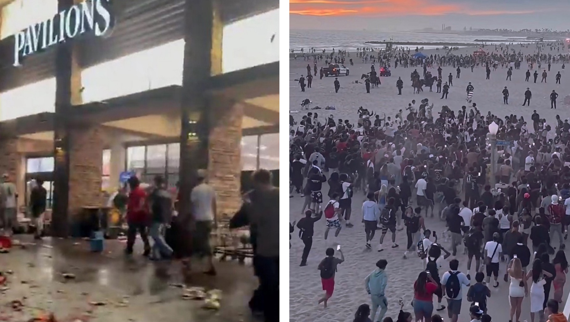 Crowd gathering outside Pavilions and on the beach at sunset, with police presence and scattered debris visible.