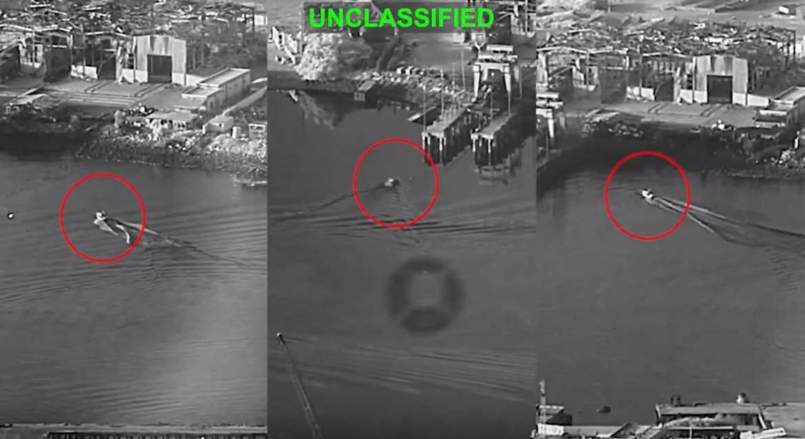 Aerial view of three images showing boats navigating a waterway, with red circles highlighting their positions against an industrial background.