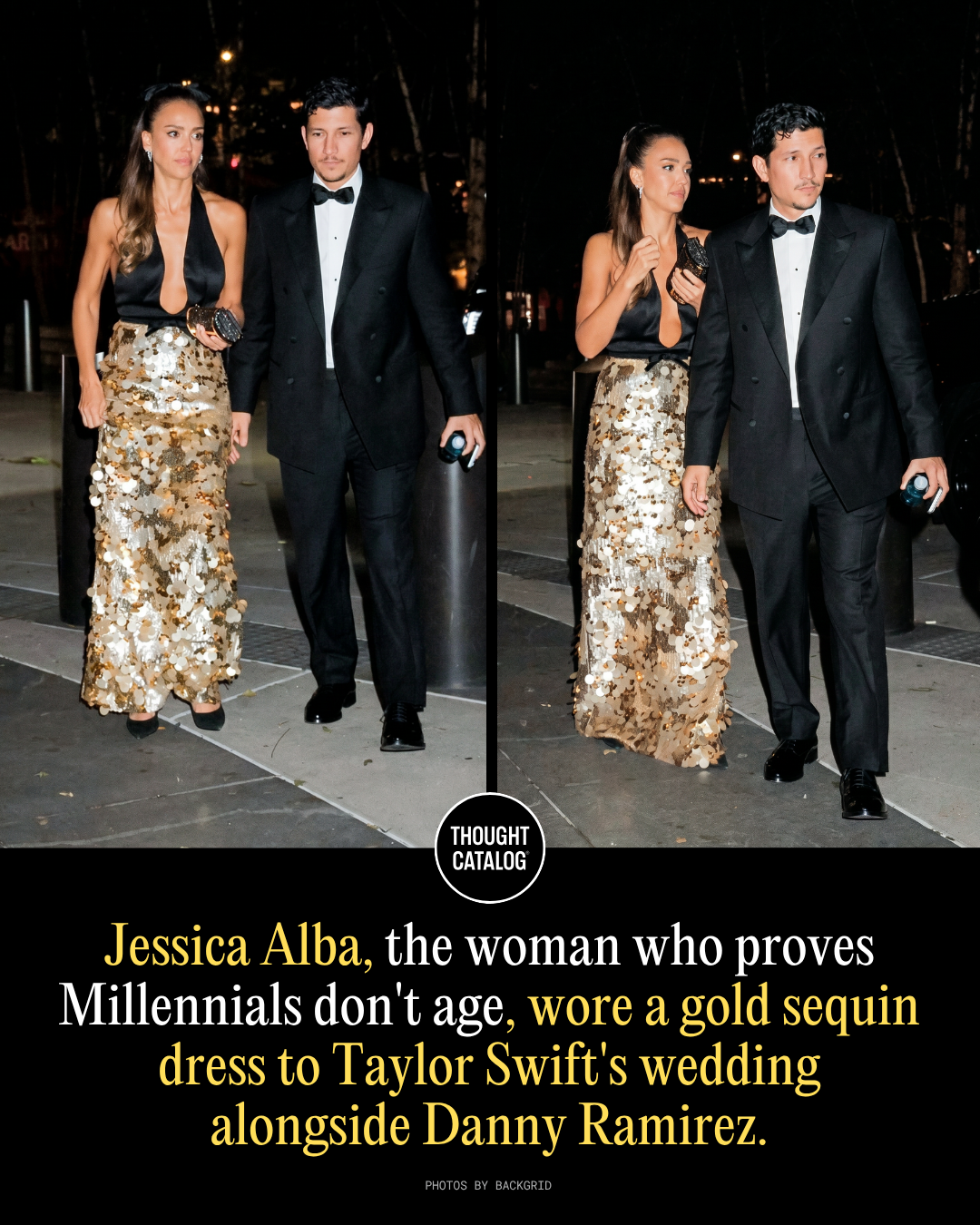 Jessica Alba, the Woman Who Proves Millennials Don’t Age, Wore a Gold Sequin Dress to Taylor Swift’s Wedding Alongside Danny Ramirez