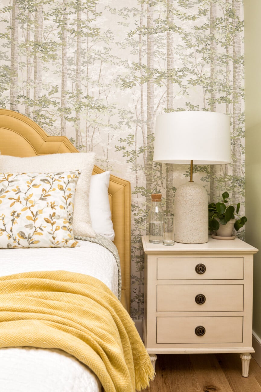 bedroom with bright wallpaper