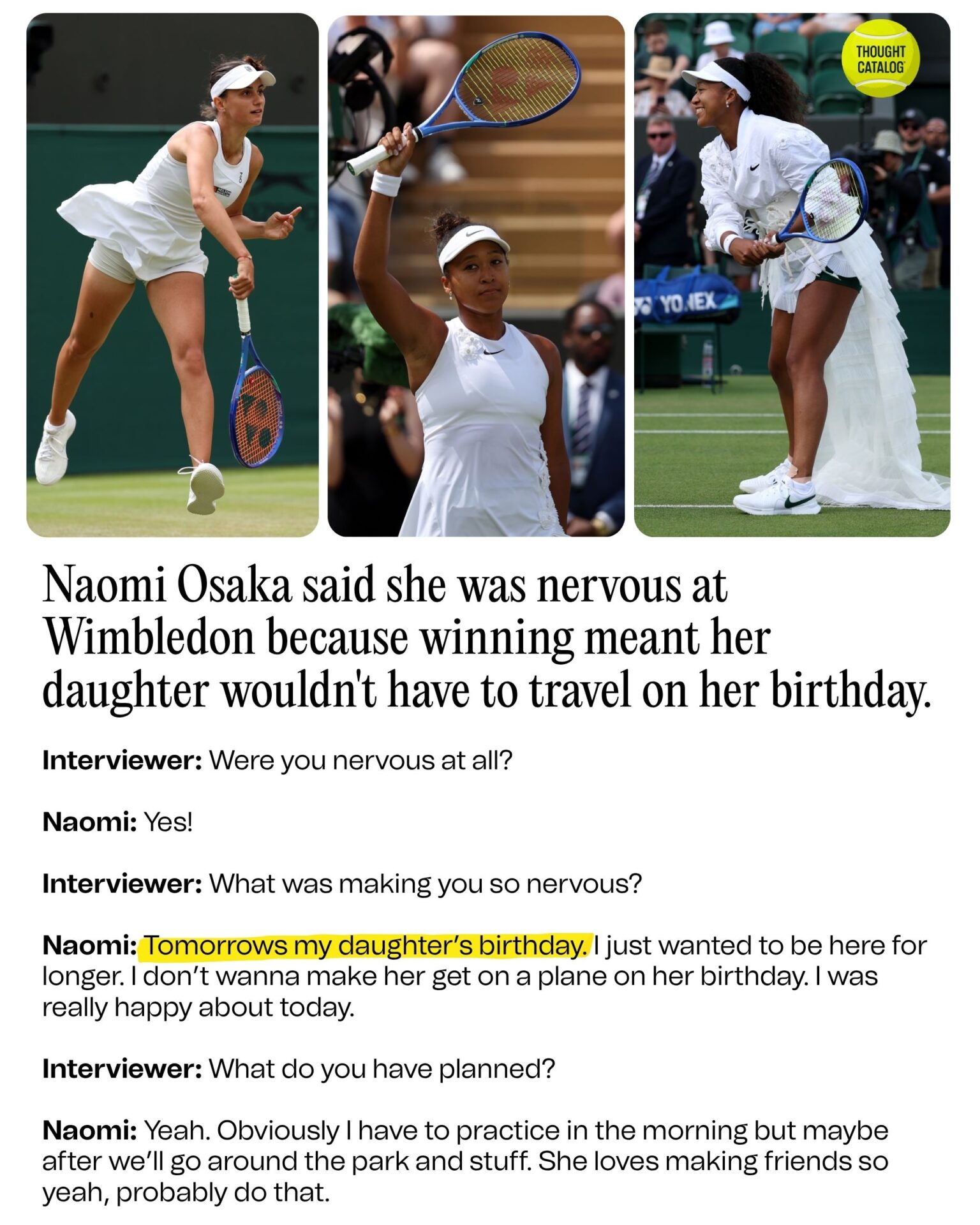 Naomi Osaka Said She Was Nervous at Wimbledon Because Winning Meant Her Daughter Wouldn’t Have to Travel on Her Birthday