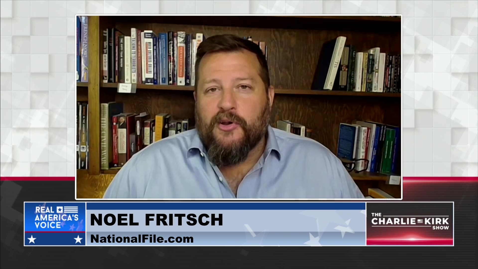 Noel Fritsch discusses current events on the Charlie Kirk Show, with a bookshelf in the background featuring various books.
