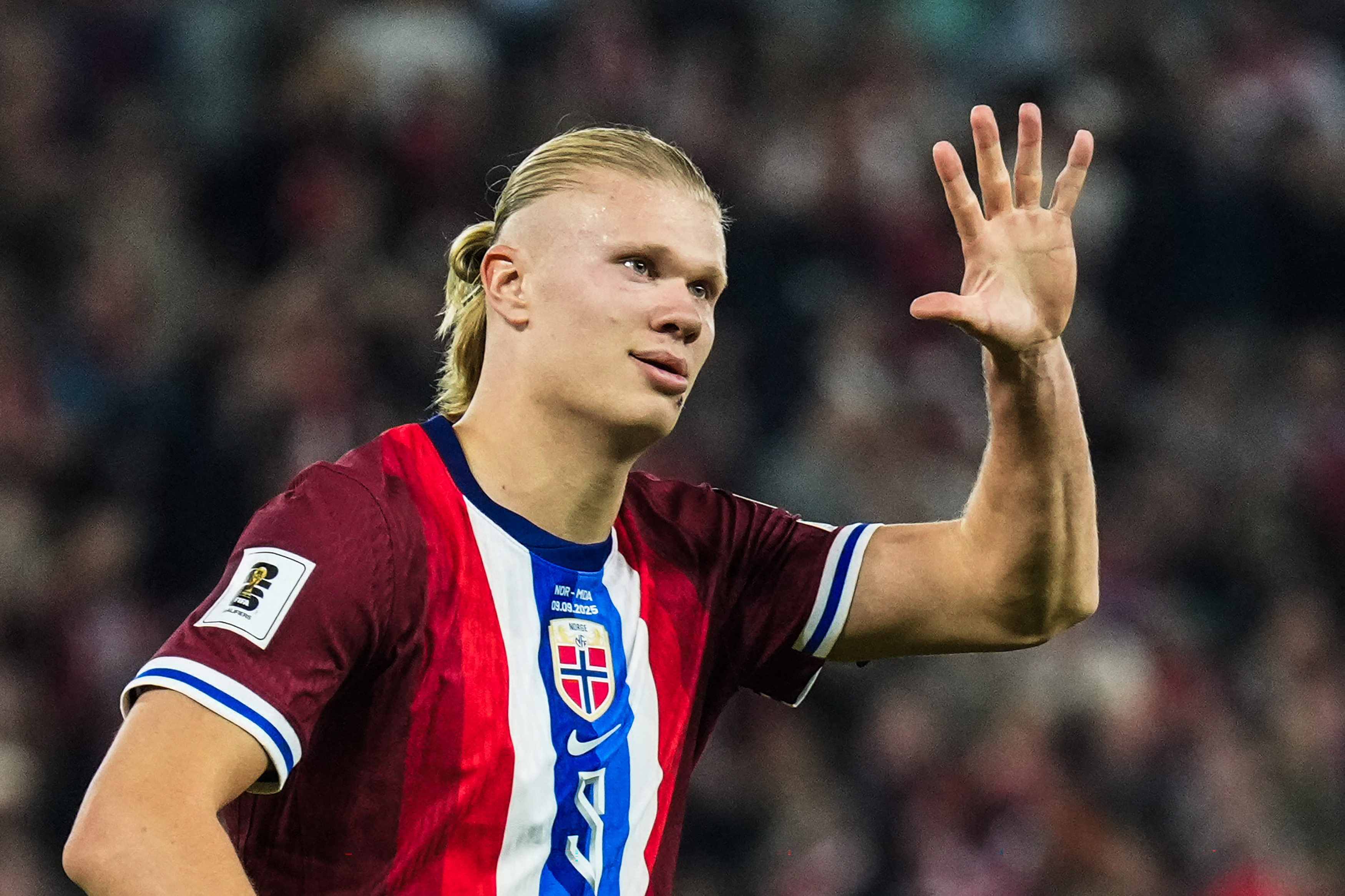 Erling Braut Haaland gesturing during a Norway vs. Moldova 2026 World Cup qualifier match in Oslo
