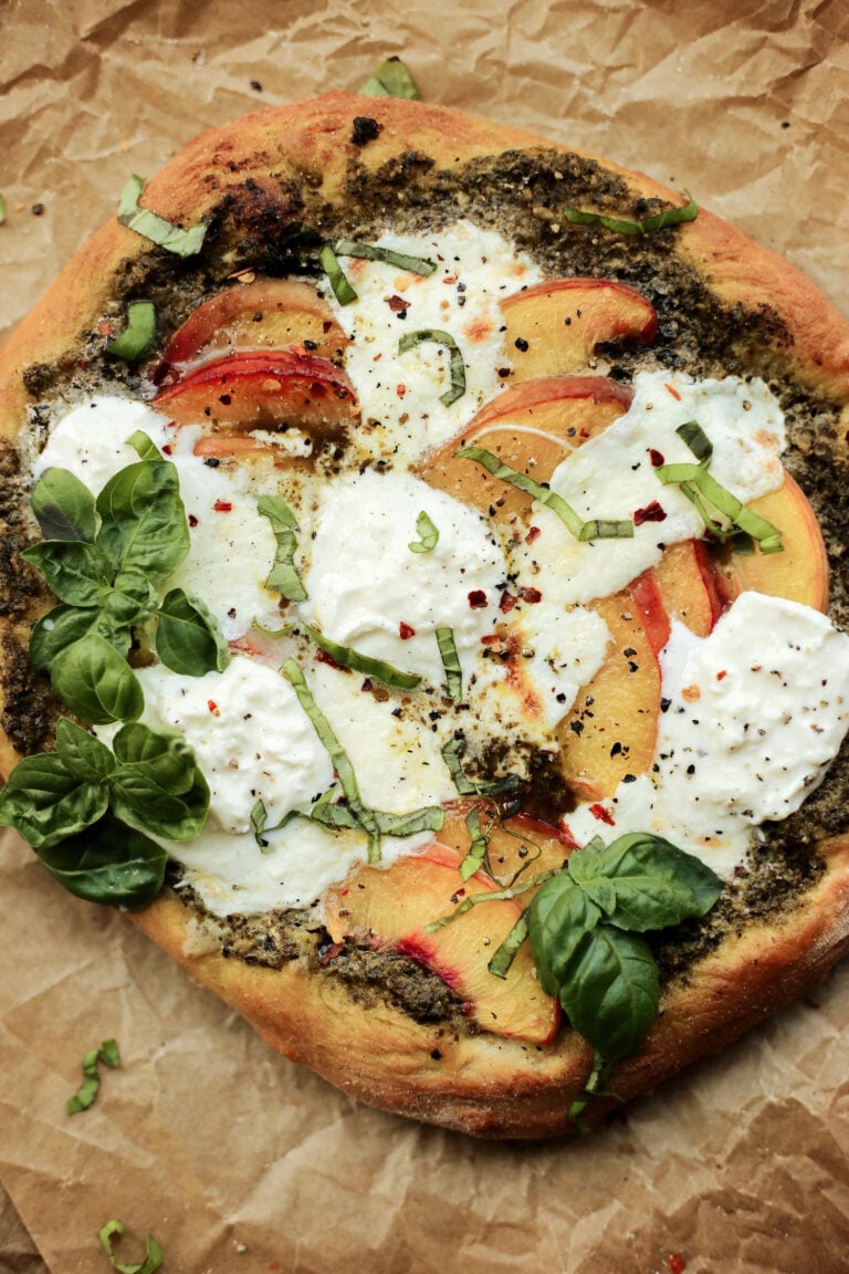 peach, pesto, and balsalmic pizza