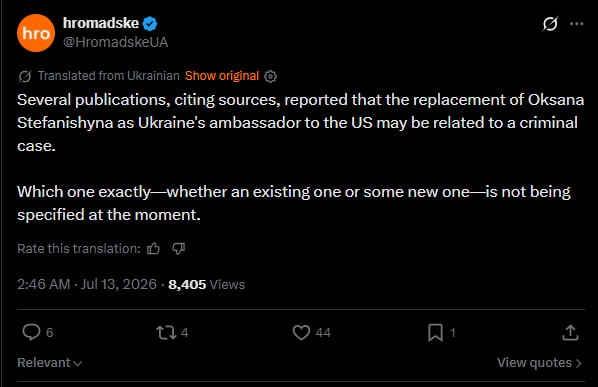 Tweet discussing the potential replacement of Oksana Stefanishyna as Ukraine's ambassador to the US, linking it to a possible criminal case.
