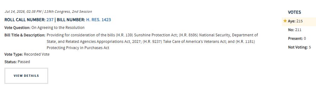 Recorded vote results for Roll Call Number 237 on H. Res. 1423, detailing approval of multiple bills in the 119th Congress, 2nd Session.