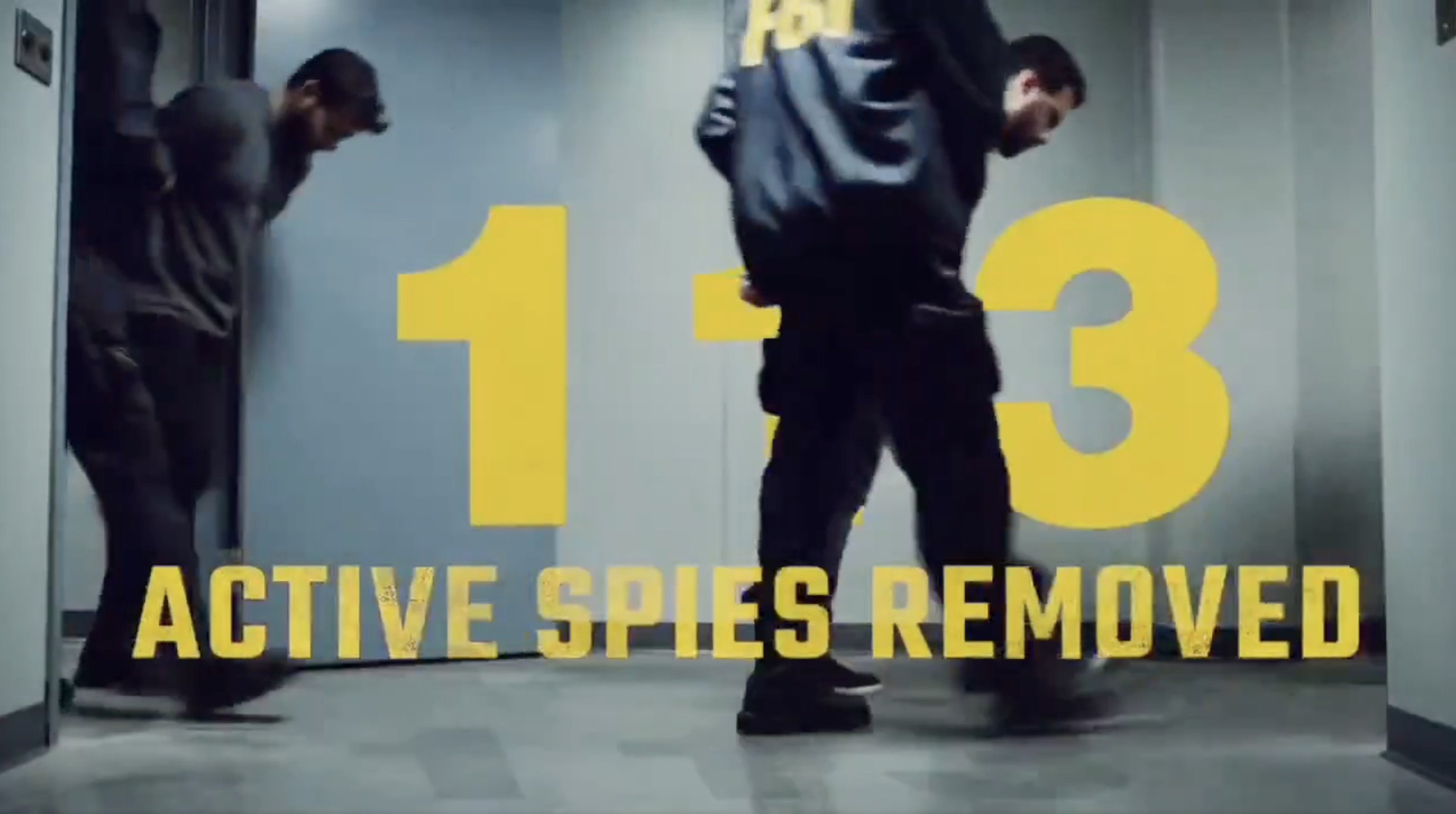 FBI agents apprehending suspects with the text highlighting 13 active spies removed in a dramatic setting.