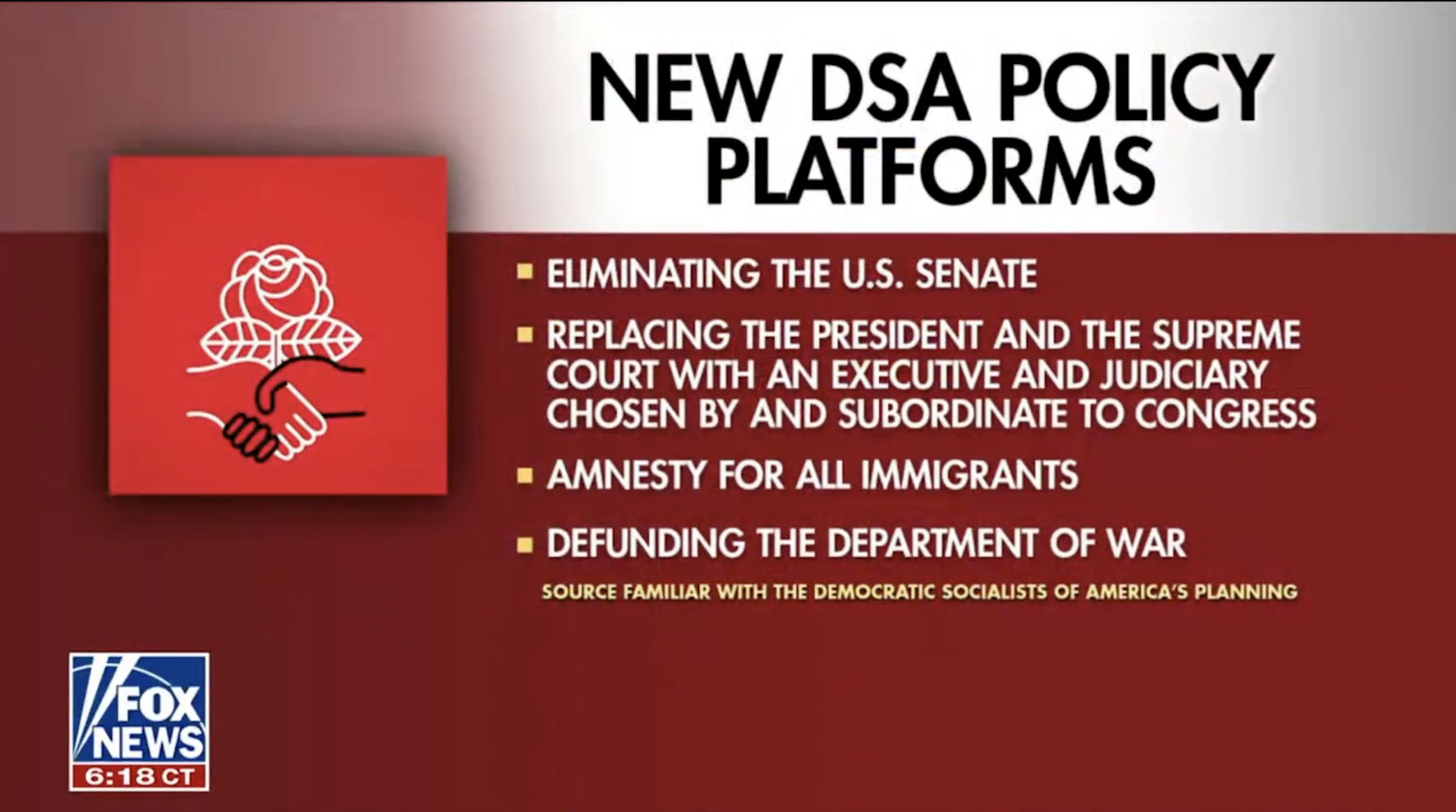 Image depicting the Democratic Socialists of America's new policy platforms, highlighting proposals such as eliminating the U.S. Senate and amnesty for all immigrants.