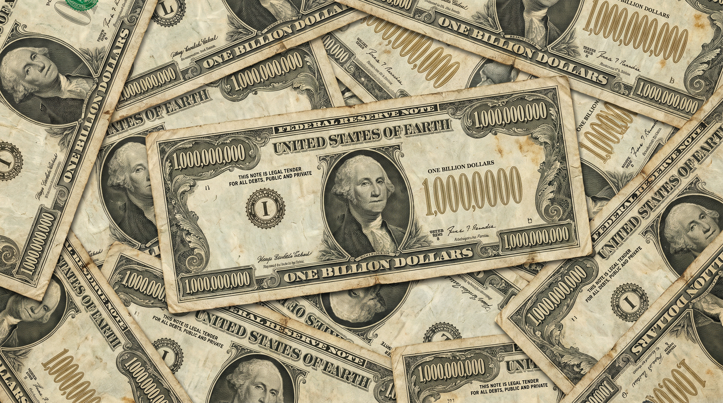 Multiple fictional one-billion-dollar bills scattered on a surface, each reading 'United States of Earth' and featuring a portrait of a founding-father-style figure.