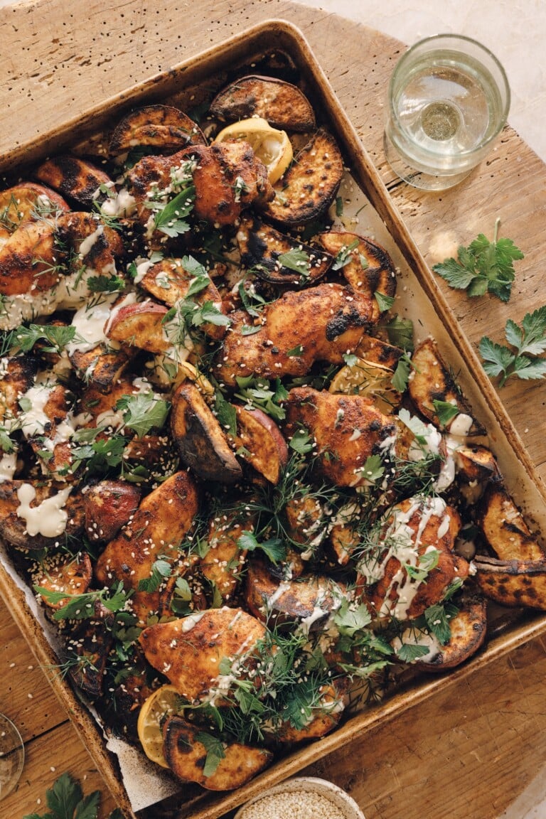 sheet pan chicken sweet potatoes tahini sauce