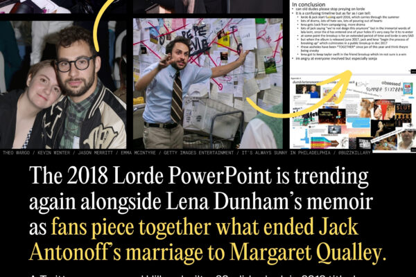 The 2018 Lorde Powerpoint Is Trending Again Alongside Lena Dunham’s Memoir as Fans Piece Together What Ended Jack Antonoff’s Marriage to Margaret Qualley