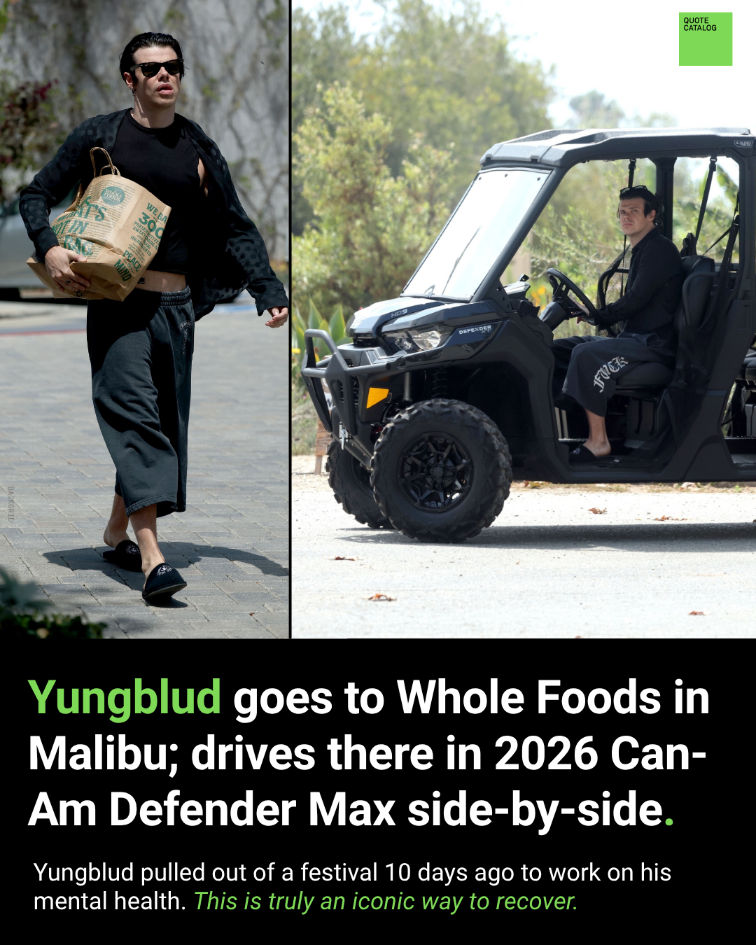 Ultimate Icon Recovery: Yungblud Goes to Whole Foods in Malibu. Drives There in 2026 Can-Am Defender Max Side-By-Side