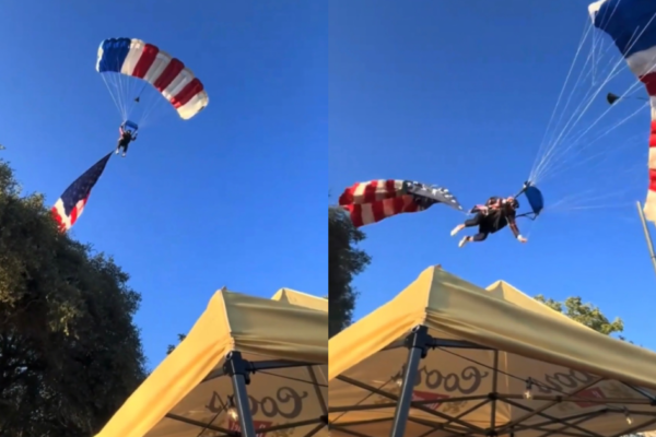 WHOA! Skydiver at California Rodeo Snags Tree and Crashes into Tent (VIDEO)