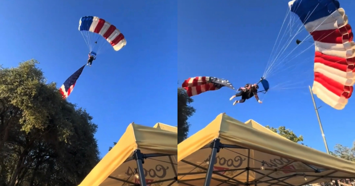 WHOA! Skydiver at California Rodeo Snags Tree and Crashes into Tent (VIDEO)