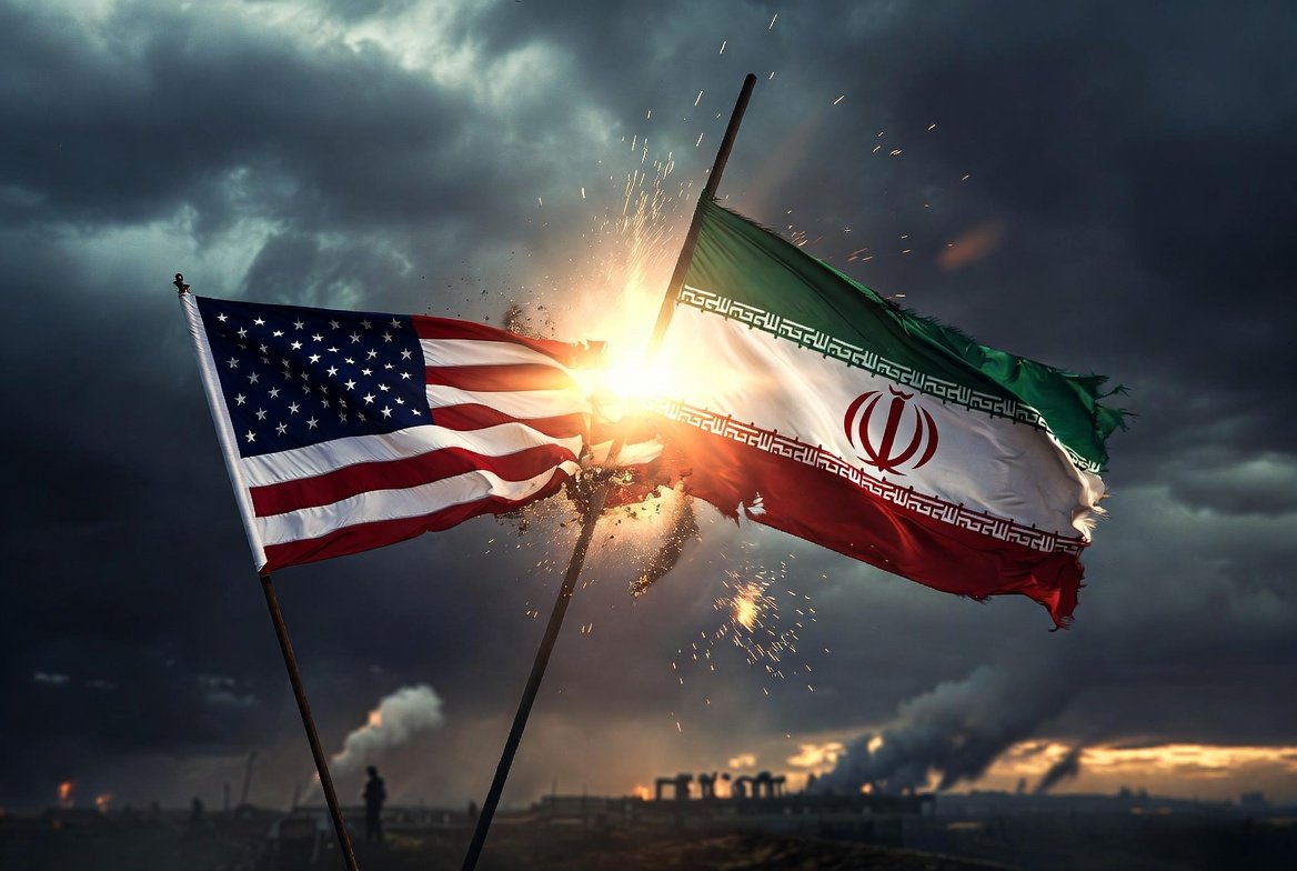 Flags of the United States and Iran clash against a dramatic stormy backdrop, symbolizing geopolitical tensions and conflicts.