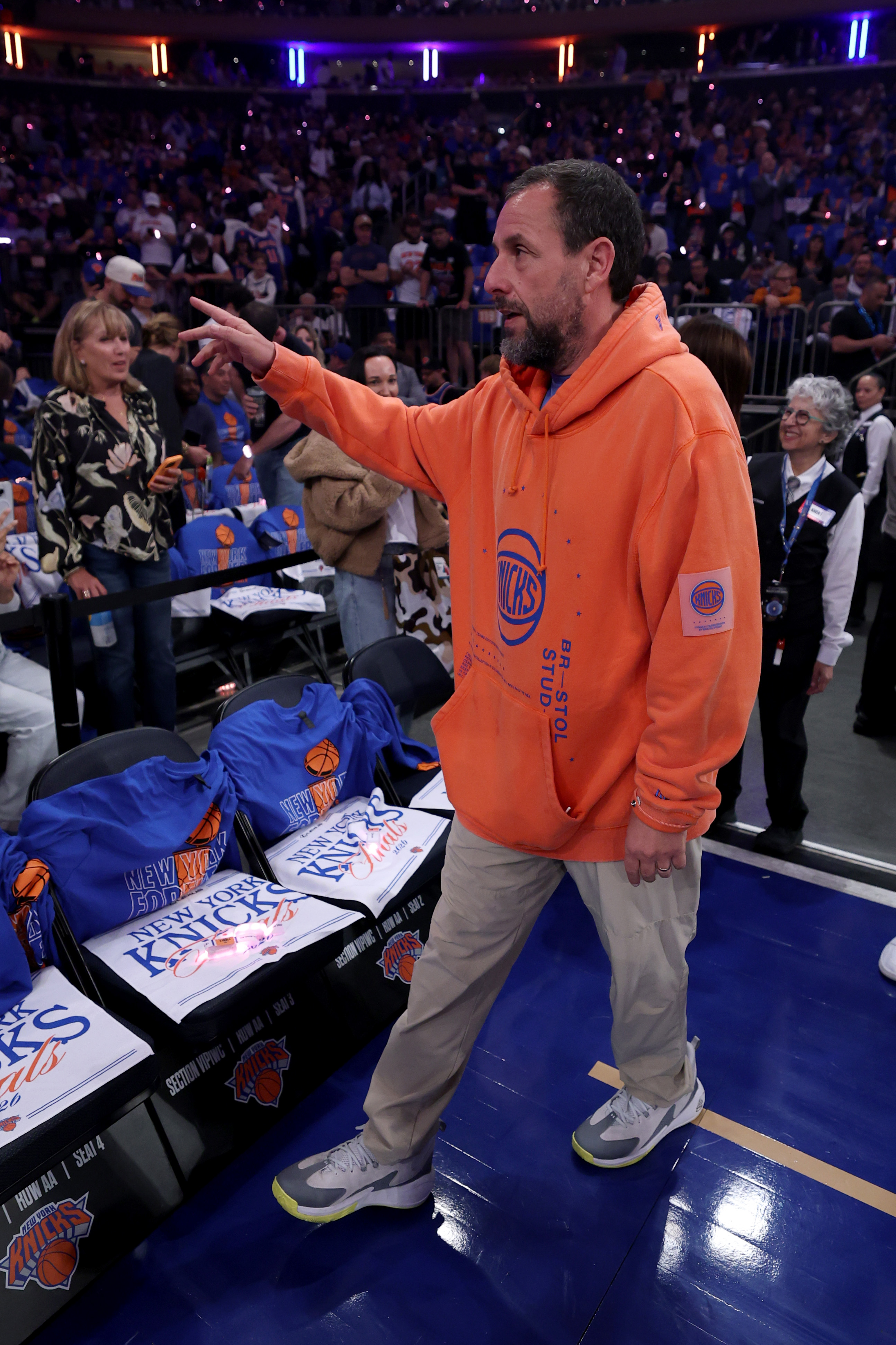 Adam Sandler arriving at Madison Square Garden before Game Four of the 2026 NBA Finals