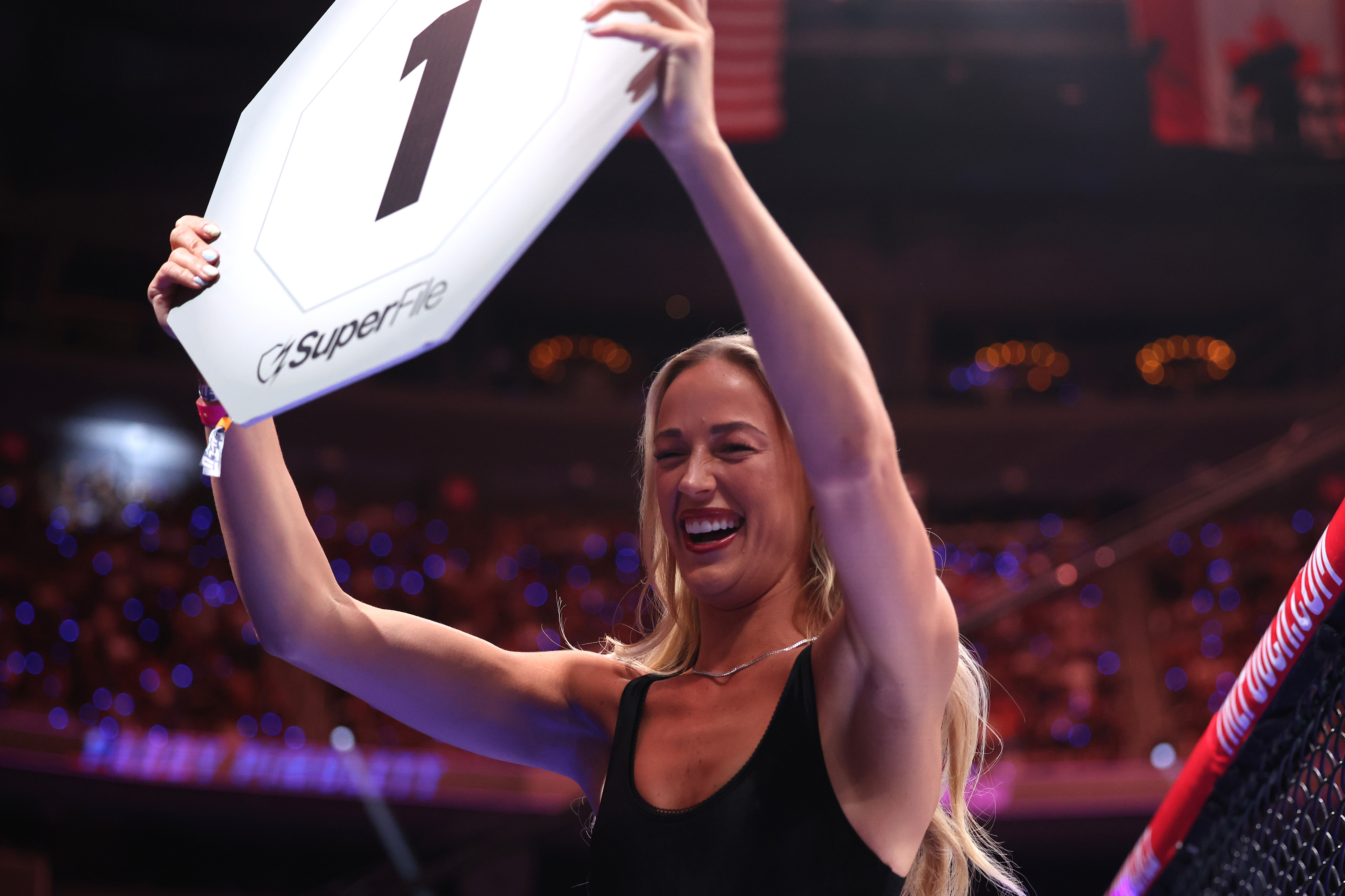 Sophie Cunningham sitting ringside at UFC 329 at T-Mobile Arena in Las Vegas