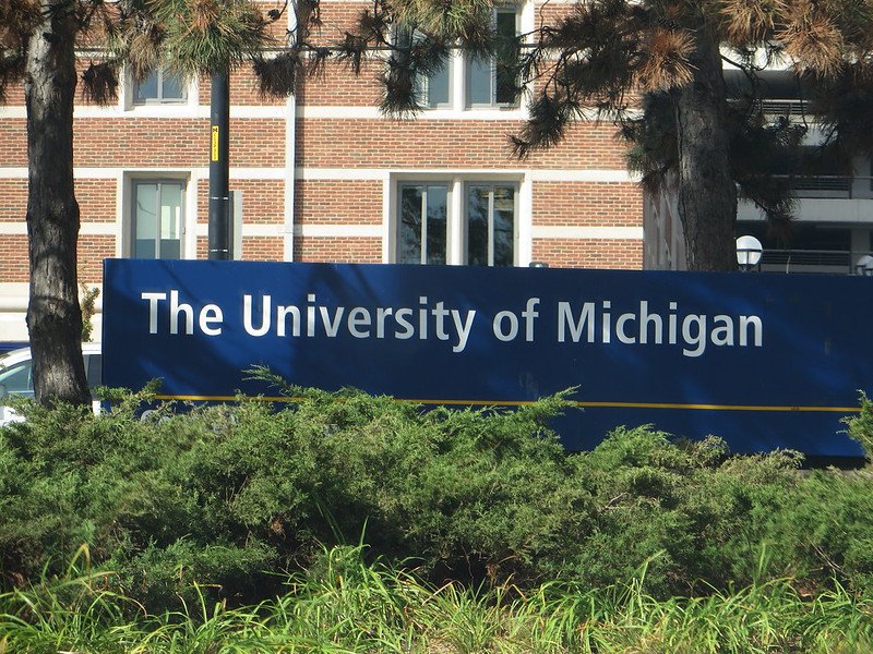 Signage for The University of Michigan displayed prominently in a landscaped area, showcasing the institution's name in a clear and inviting manner.