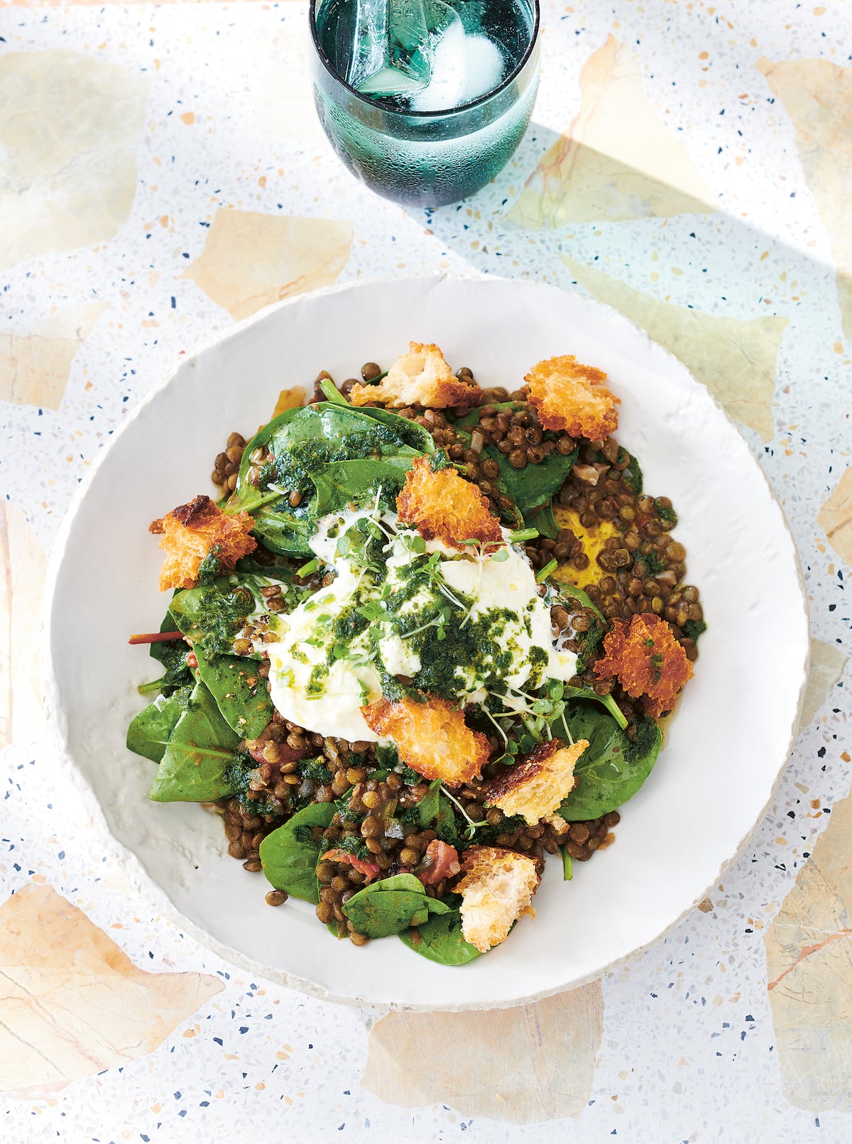 Warm lentil salad with burrata & basil oil