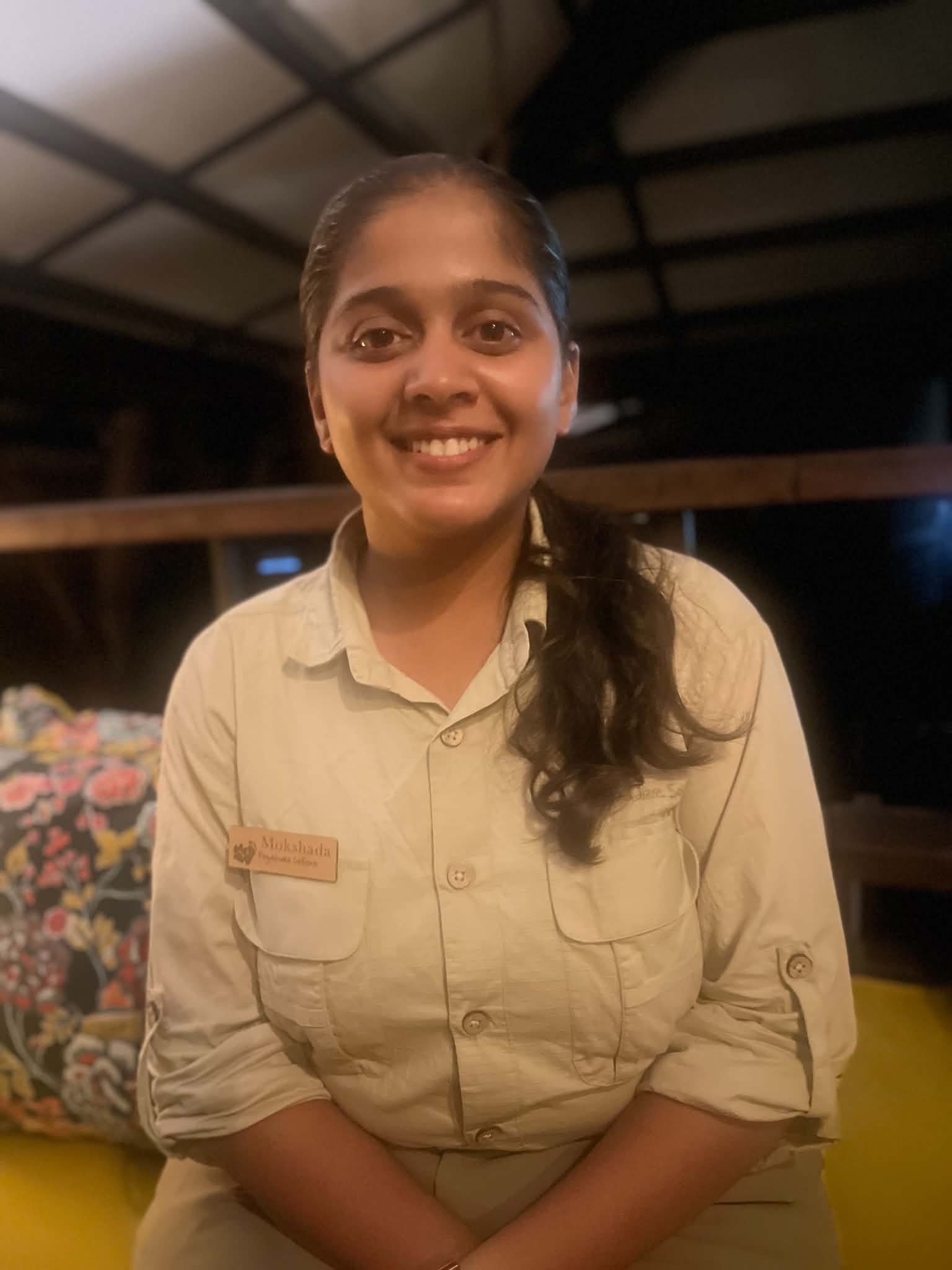 Mokshada Mahajan at Pugdundee's Pench Tree Lodge. She wears khaki safari fatigues.