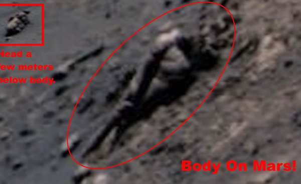 Alien body fossilized on side of crater on Mars, NASA photo, UFO UAP Sighting News.