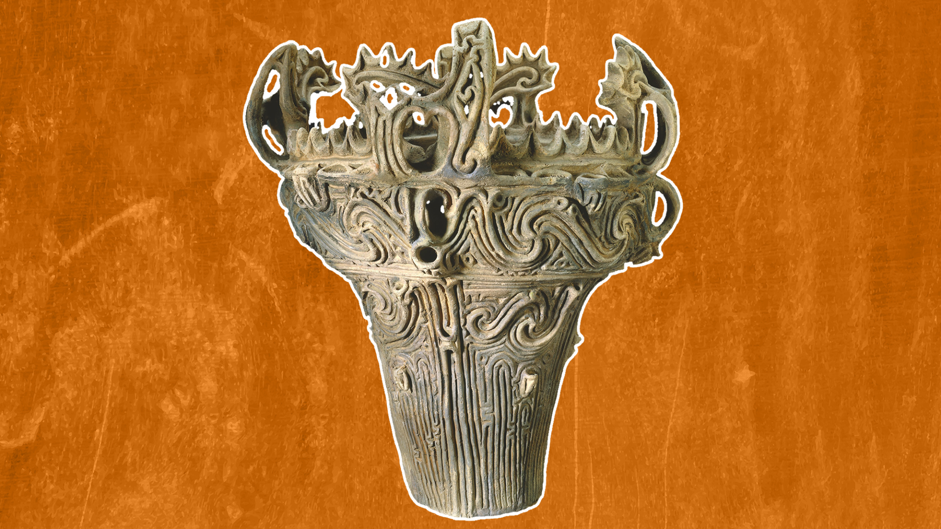 a coil-built pot that tapers from the top and has stylized flames around the rim, against an orange background