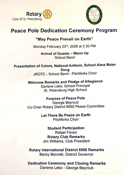 Peace Pole Ceremony at St. Petersburg High School, Florida, USA.