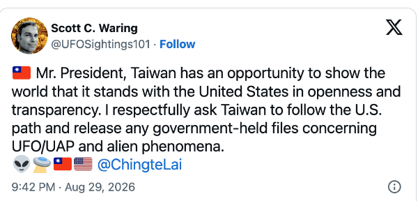 Can you help me in asking the Taiwan president to release the UFO/alien files held by Taiwan gov and military?