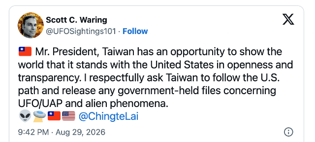 Can you help me in asking the Taiwan president to release the UFO/alien files held by Taiwan gov and military?