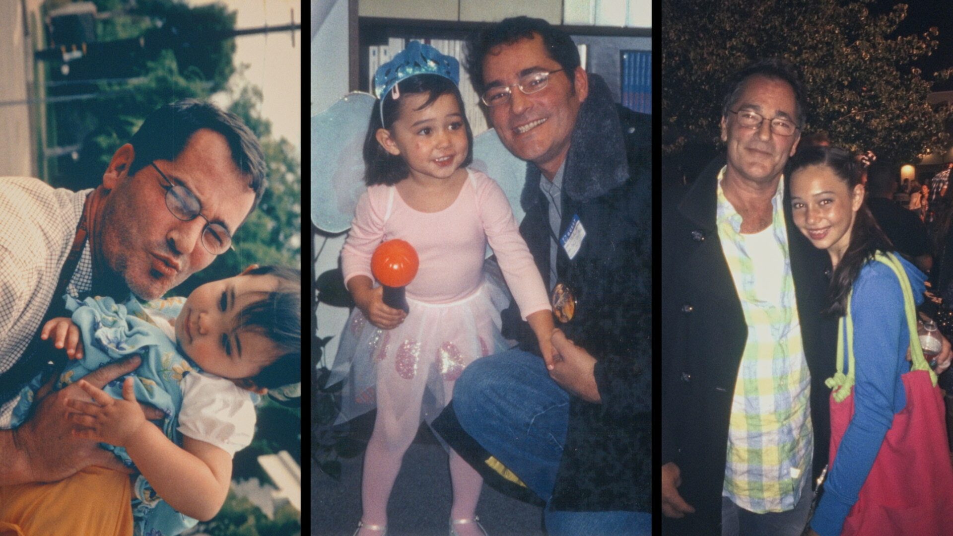 Triptych of three family photos showing a man with a young girl at various ages, from a baby to a smiling teenager.