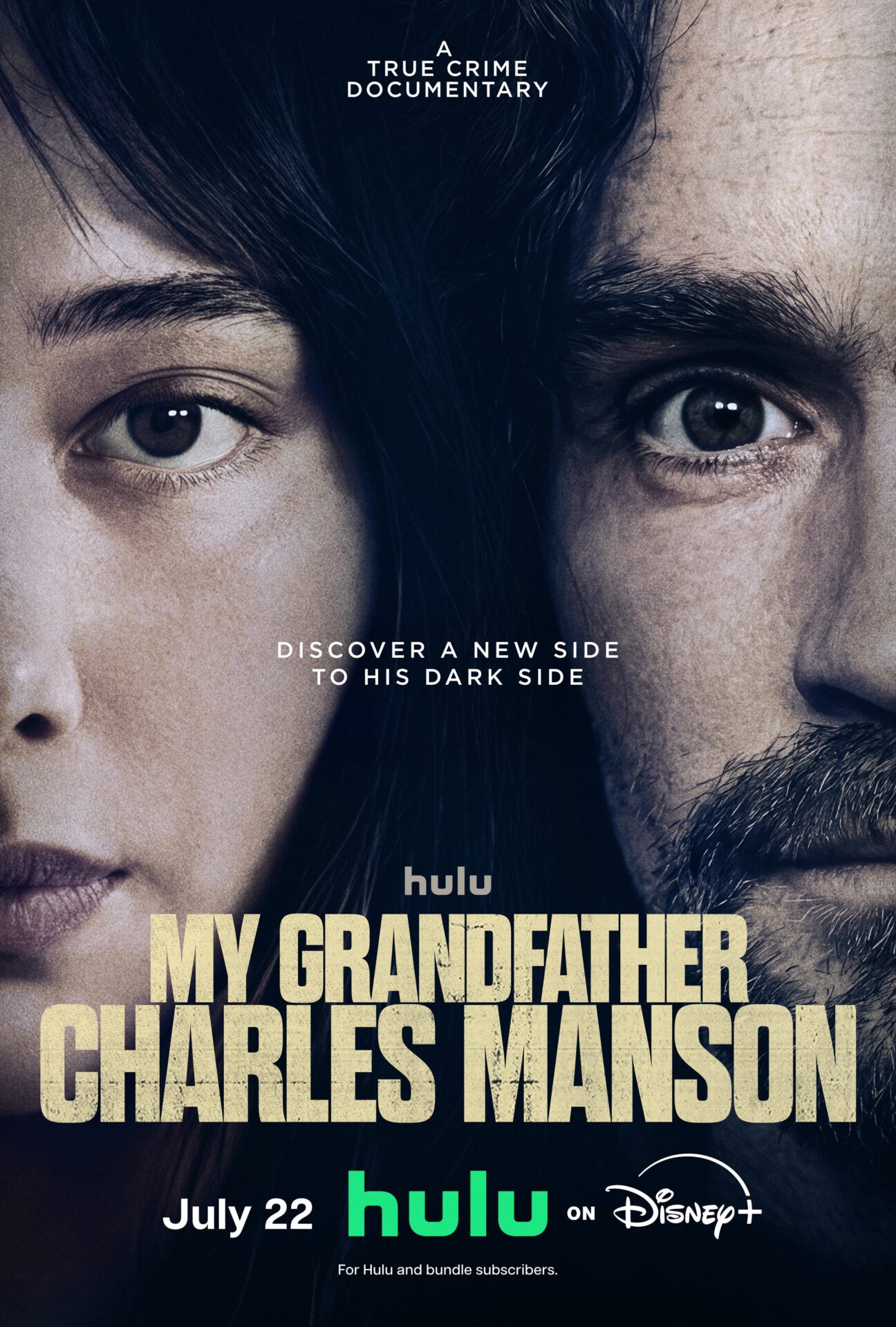 Movie poster for "My Grandfather Charles Manson" on Hulu showing two faces mirrored — a young woman and an older bearded man — with the tagline "Discover a New Side to His Dark Side."