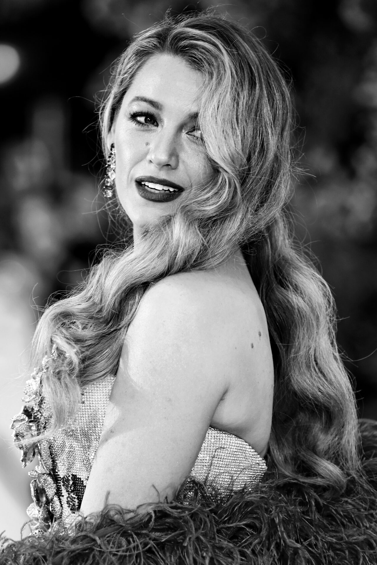 Blake Lively in black and white at the UK gala screening of "It Ends With Us" at Odeon Luxe Leicester Square in London