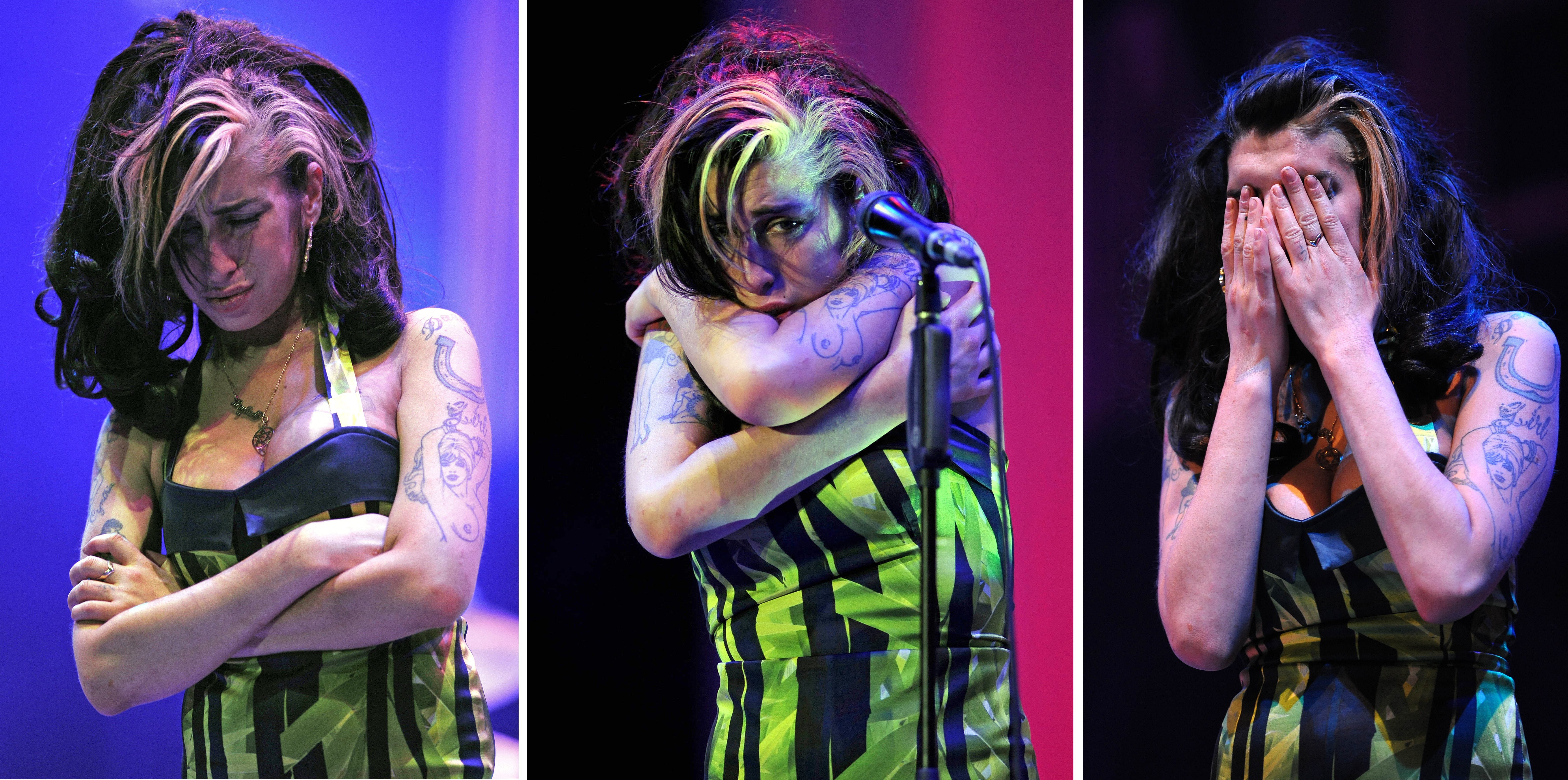 Three-panel photo of a tattooed woman on stage: left panel shows her head bowed with arms crossed, center shows her hugging herself at a microphone, right shows her covering her face with both hands.