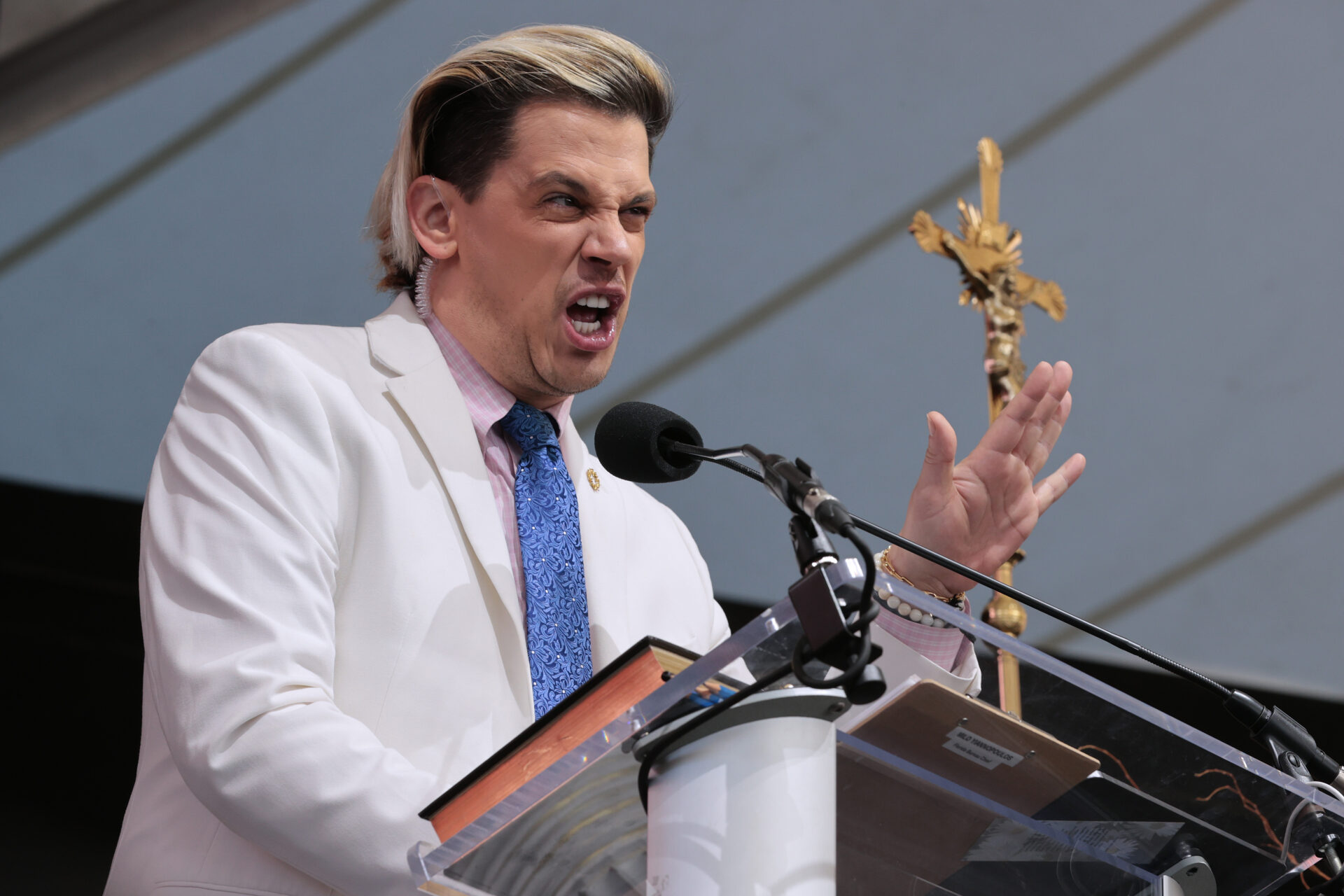 Milo Yiannopoulos speaking at the Bishops Enough Is Enough rally at the MECU Pavilion in Baltimore, Maryland